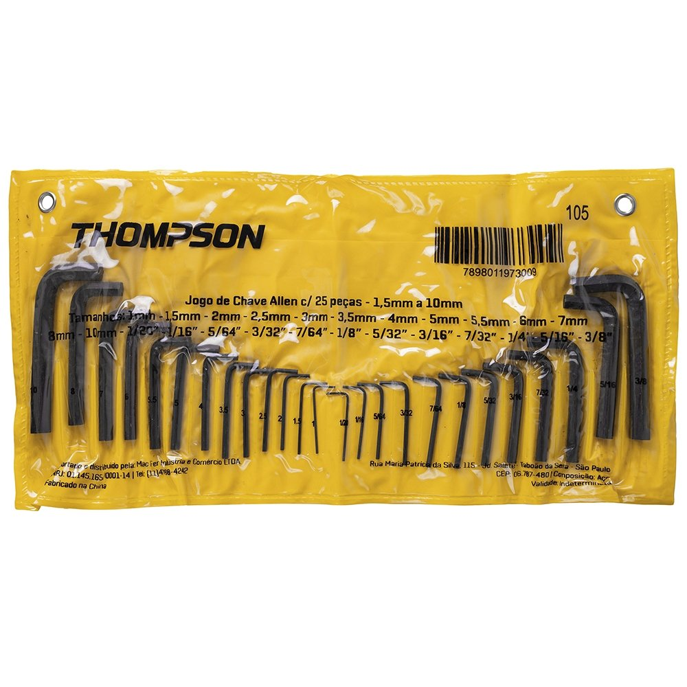 Chave Thompson Hexagonal L Tipo Allen Premium 1.5mm a 10mm - Embalagem com 25 Peças Chave Thompson Hexagonal L Tipo Allen Premium 1.5mm a 10mm - Embalagem com 25 Peças