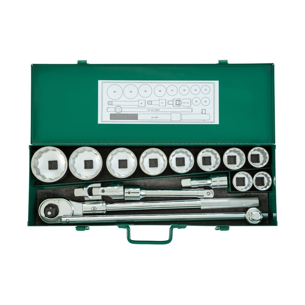 Jogo Soquetes Sata Estriado Encaixe 3/4 30 a 60mm com 15 Peças Jogo Soquetes Sata Estriado Encaixe 3/4 30 a 60mm com 15 Peças