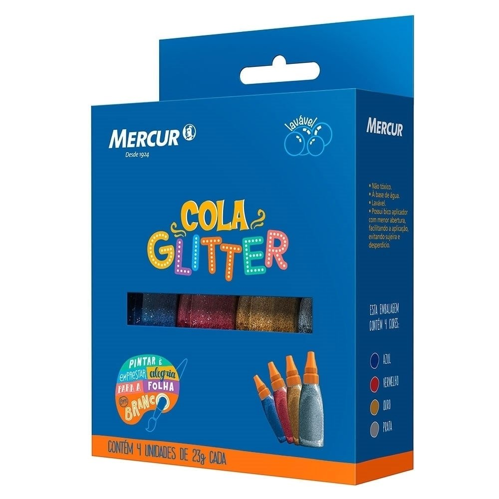 Cola Mercur Glitter 4 Cores, Dourado, Prata, Azul, Vermelha 23g - Embalagem com 4 Unidades Cola Mercur Glitter 4 Cores, Dourado, Prata, Azul, Vermelha 23g - Embalagem com 4 Unidades