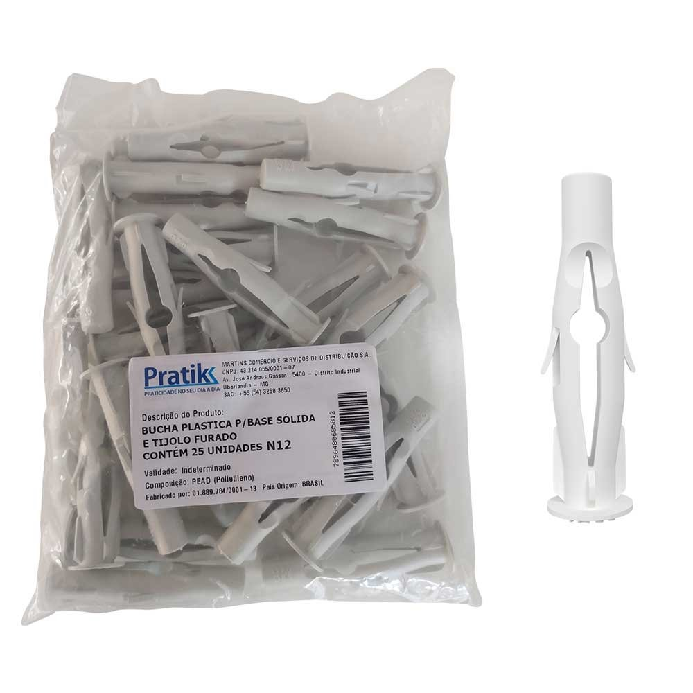 Bucha Plástica Pratik Fixação Base Sólida para Tijolo Furado N12 Branco - Embalagem com 25 Unidades Bucha Plástica Pratik Fixação Base Sólida para Tijolo Furado N12 Branco - Embalagem com 25 Unidades