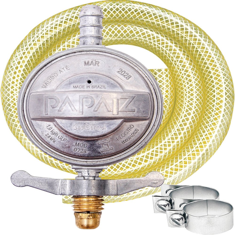 Regulador para Gás Papaiz 1Kg/h 904P2 c/ Mangueira 80cm Regulador para Gás Papaiz 1Kg/h 904P2 c/ Mangueira 80cm