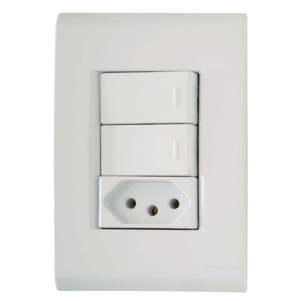 Interruptor Tramontina Liz 2 Teclas Simples + Tomada 2P+T 10A 250V com Placa Branca Interruptor Tramontina Liz 2 Teclas Simples + Tomada 2P+T 10A 250V com Placa Branca