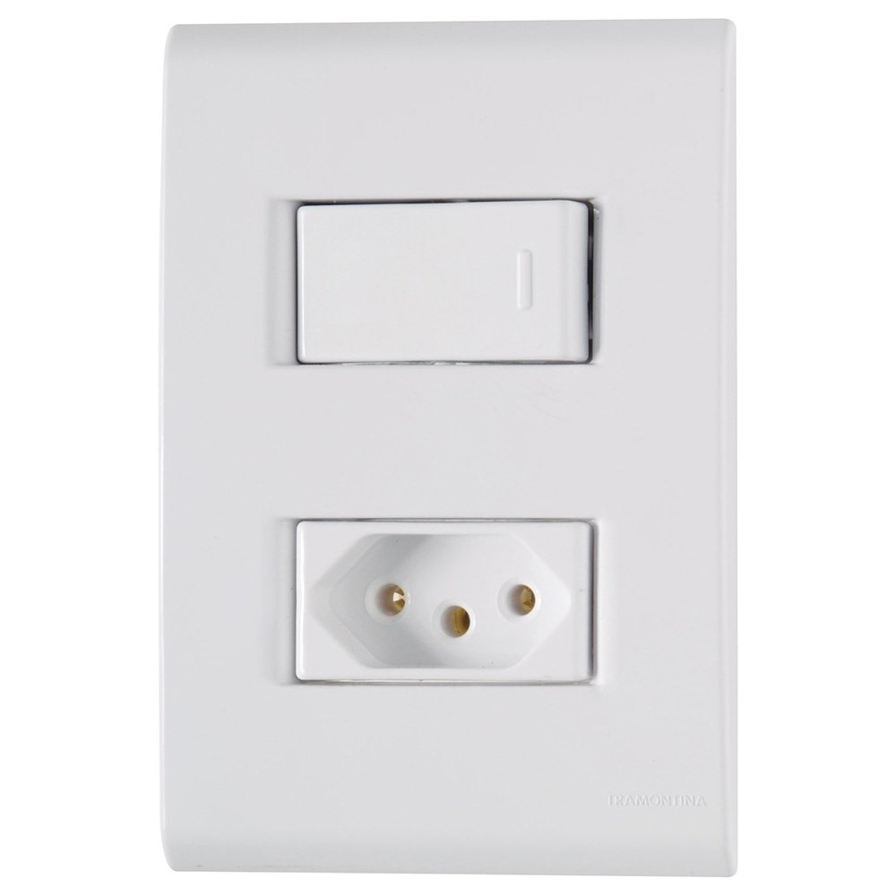 Interruptor Tramontina 1 Tecla Simples Liz + Tomada 2P + T 10A 250V com Placa Branco Interruptor Tramontina 1 Tecla Simples Liz + Tomada 2P + T 10A 250V com Placa Branco