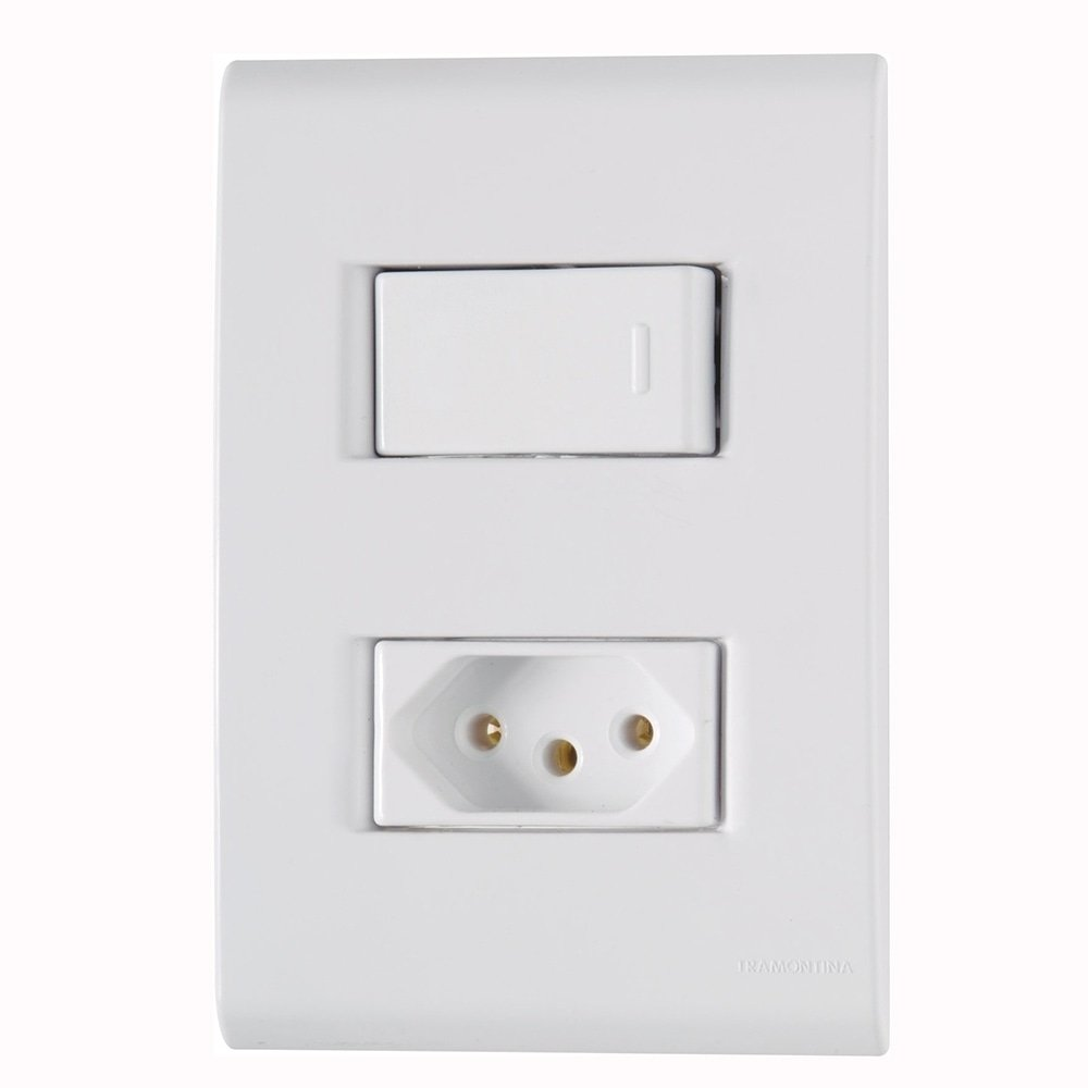 Interruptor Tramontina Liz com 1 Tecla Simples + Tomada 2P+T 20A 250V com Placa Branca Interruptor Tramontina Liz com 1 Tecla Simples + Tomada 2P+T 20A 250V com Placa Branca