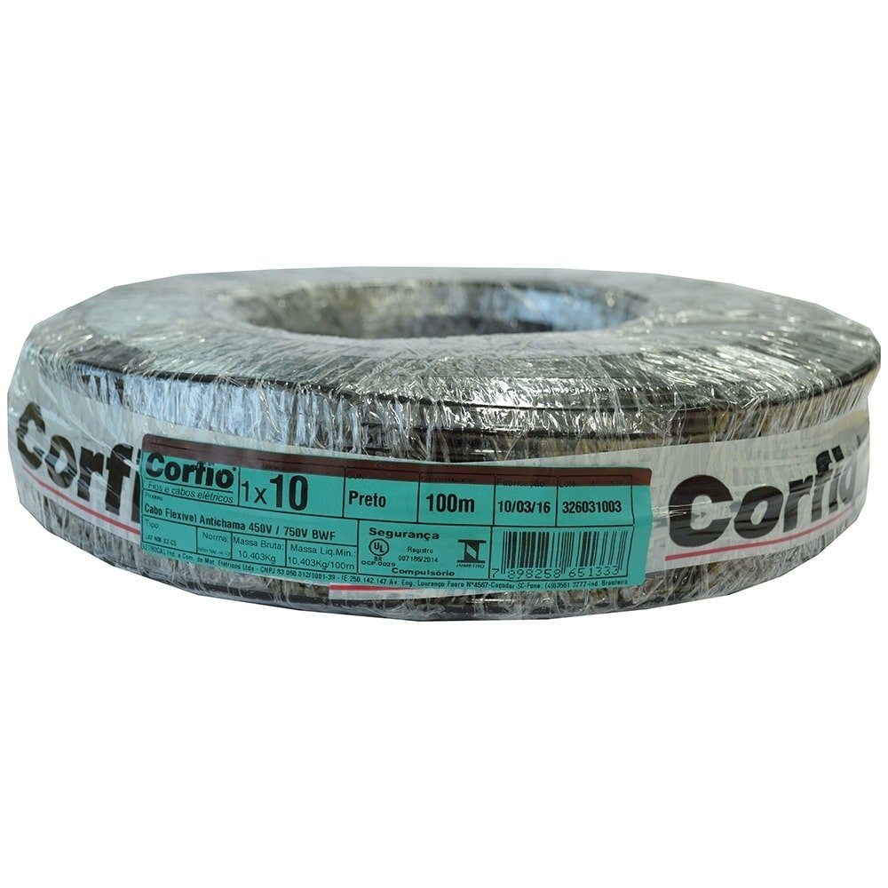 Cabo Flexível Corfio 10mmx100m Rolo 750V Preto Cabo Flexível Corfio 10mmx100m Rolo 750V Preto