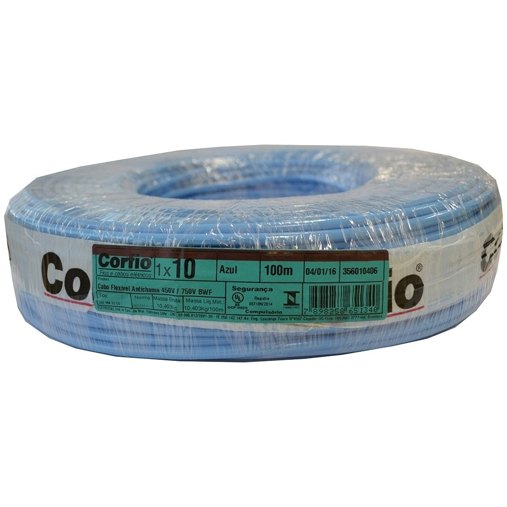 Cabo Flexível Corfio 10mmx100m Rolo 750V Azul Cabo Flexível Corfio 10mmx100m Rolo 750V Azul