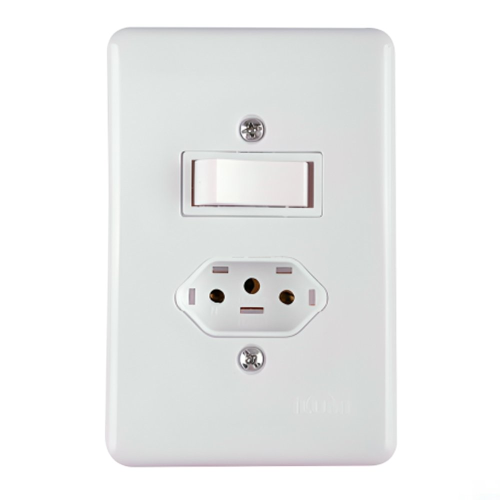 Interruptor Ilumi 1 Tecla Paralela + 1 Tomada 2 Polos + T com Placa Stylus 6A/10A , 4x2, 250V Interruptor Ilumi 1 Tecla Paralela + 1 Tomada 2 Polos + T com Placa Stylus 6A/10A , 4x2, 250V