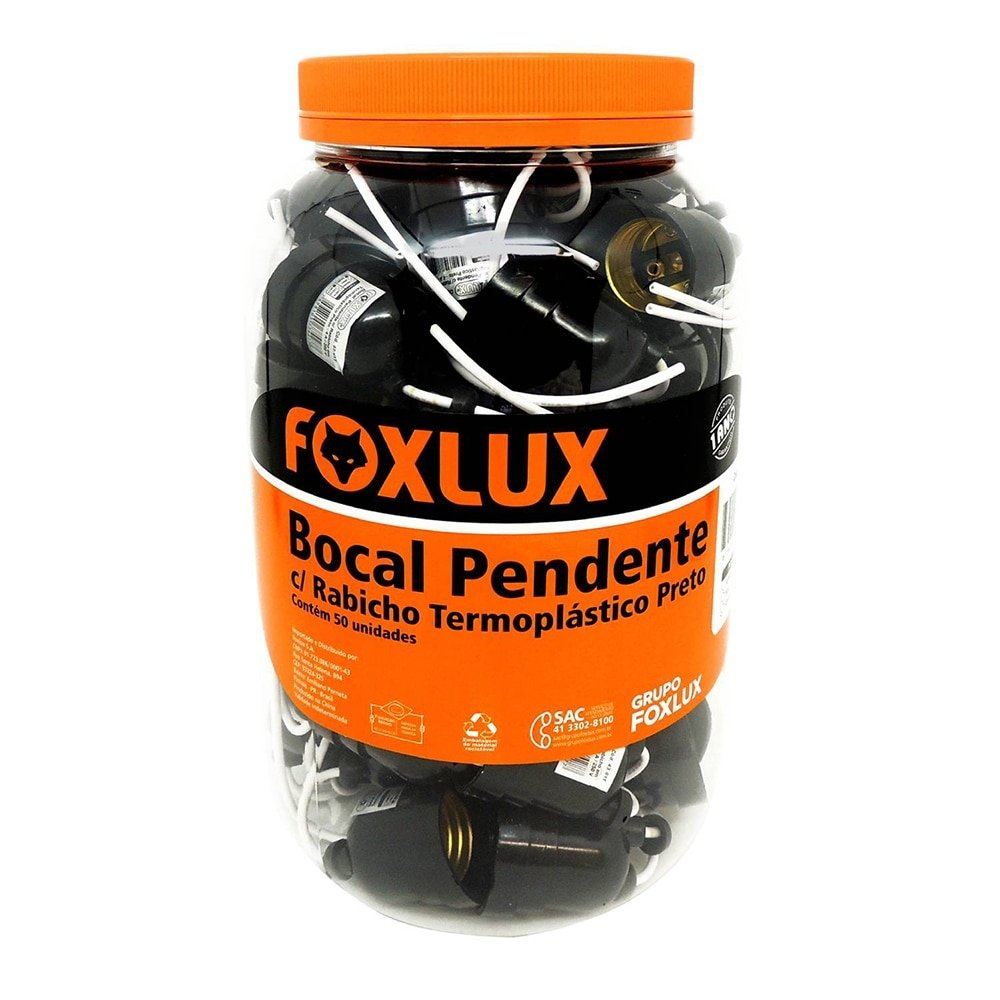 Soquete Foxlux Pendente com Rabicho Nylon Preto Pote - Embalagem com 50 Unidades Soquete Foxlux Pendente com Rabicho Nylon Preto Pote - Embalagem com 50 Unidades