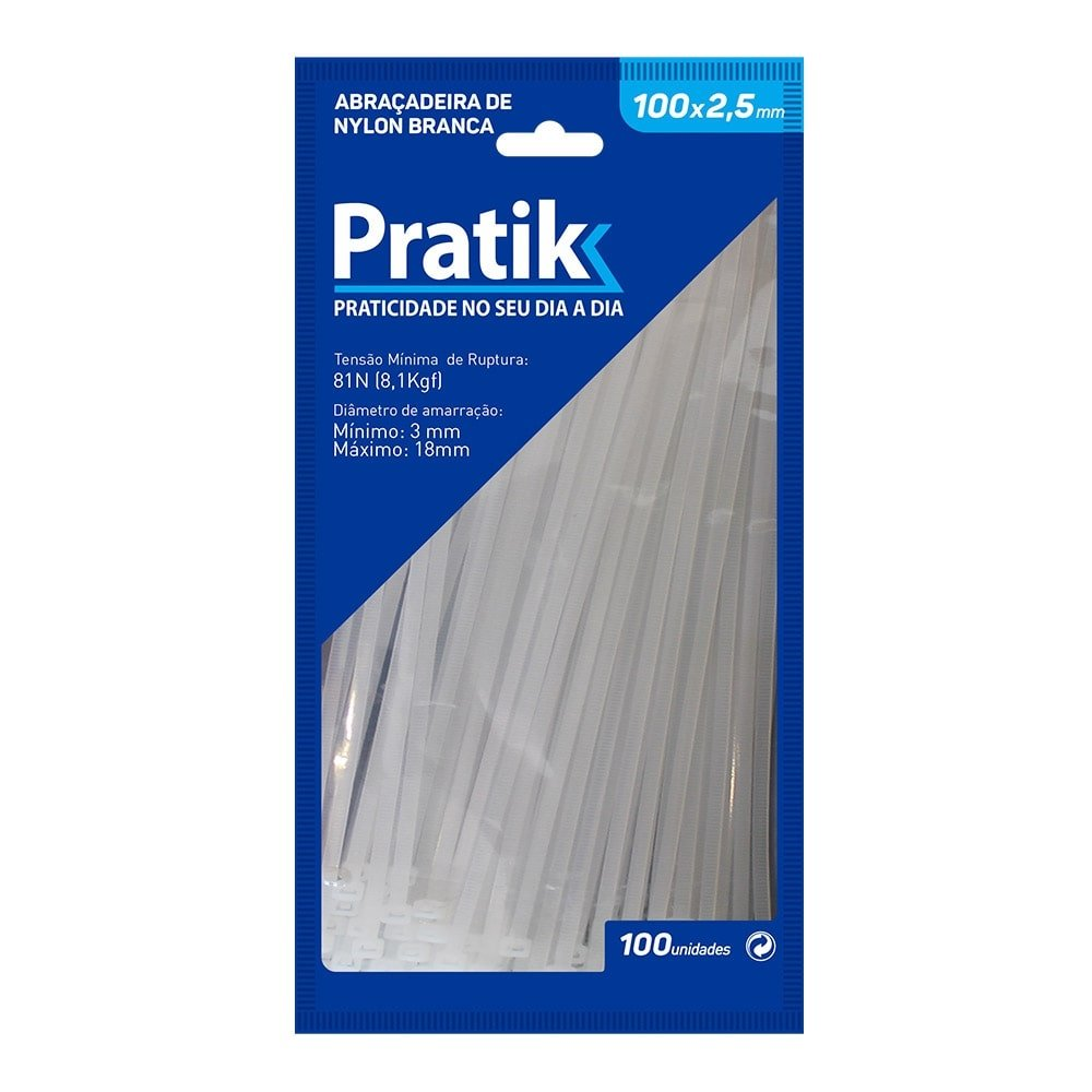 Abraçadeira Nylon Pratik 100x2,5mm Branco - Embalagem com 100 Unidades Abraçadeira Nylon Pratik 100x2,5mm Branco - Embalagem com 100 Unidades