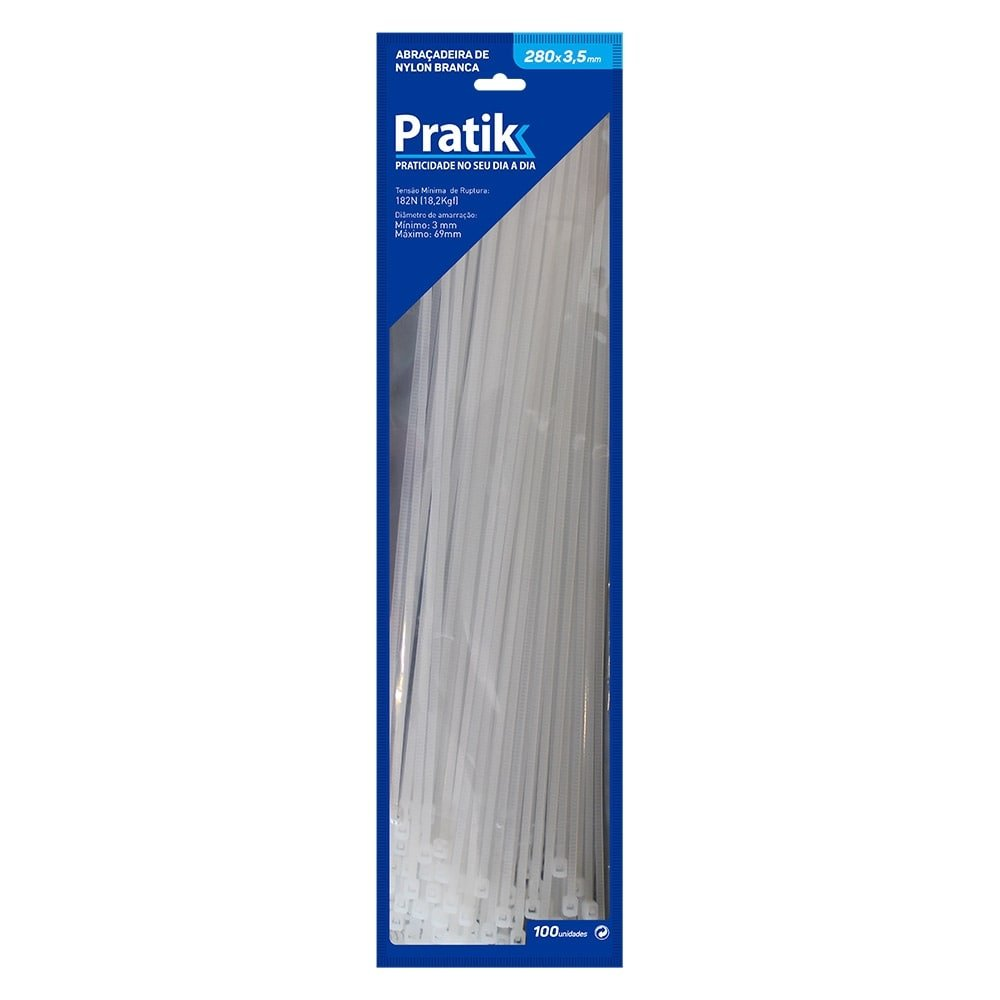 Abraçadeira Nylon Pratik 280x3,5mm Branco - Embalagem com 100 Unidades Abraçadeira Nylon Pratik 280x3,5mm Branco - Embalagem com 100 Unidades