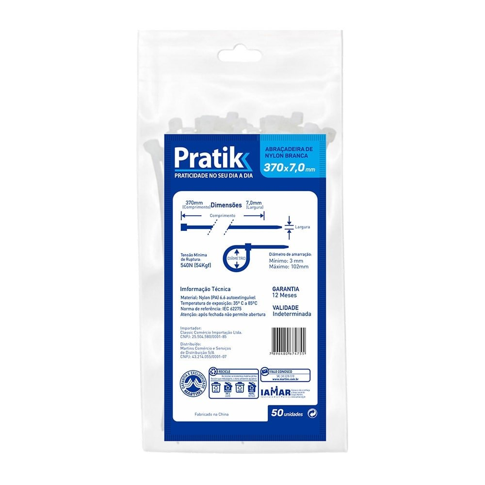 Abraçadeira Nylon Pratik 370x7,0mm Branco - Embalagem com 50 Unidades Abraçadeira Nylon Pratik 370x7,0mm Branco - Embalagem com 50 Unidades
