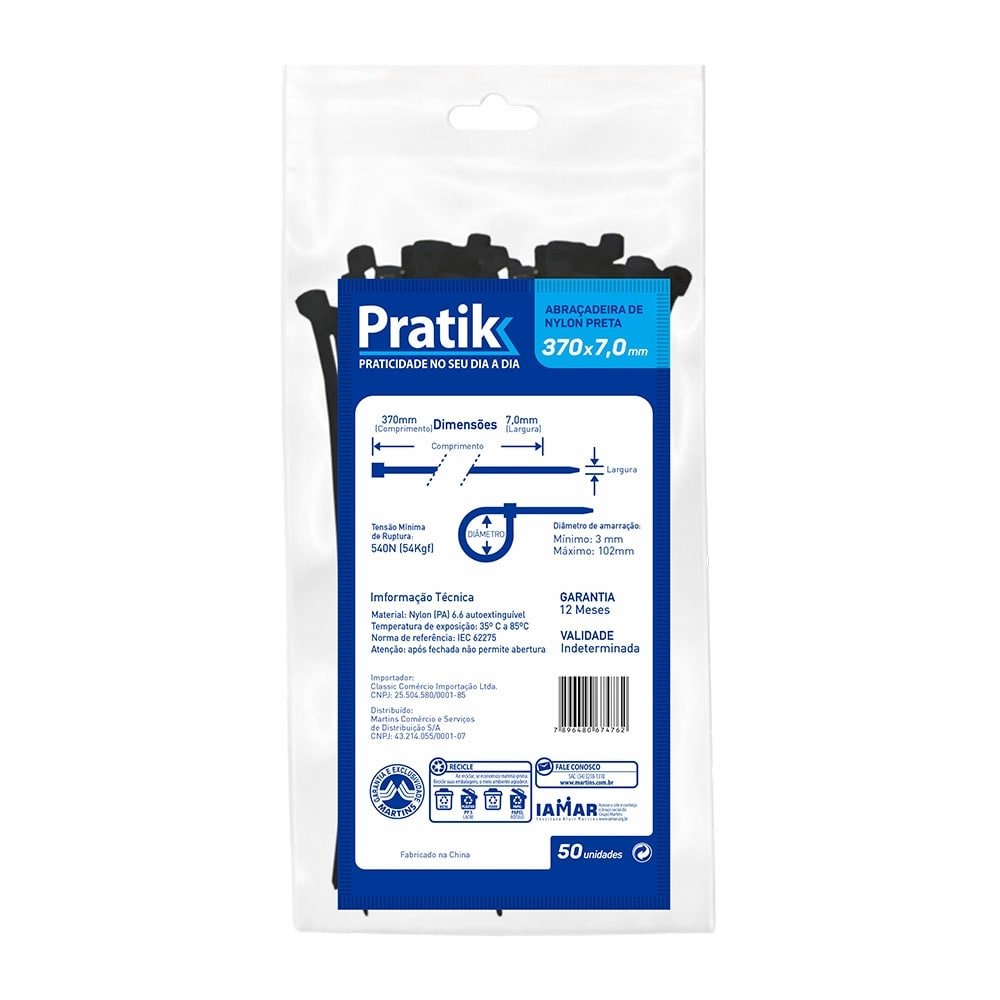 Abraçadeira Nylon Pratik 370x7,0mm Preto - Embalagem com 50 Unidades Abraçadeira Nylon Pratik 370x7,0mm Preto - Embalagem com 50 Unidades