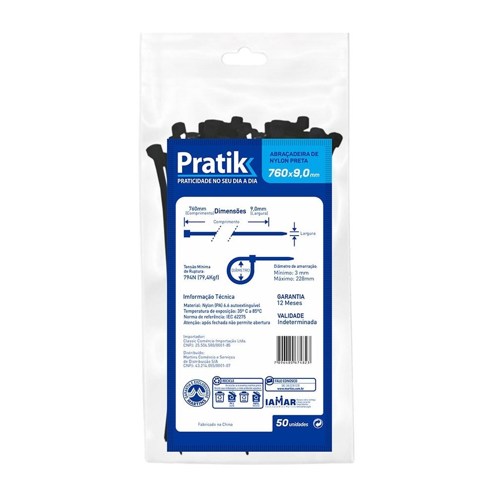 Abraçadeira Nylon Pratik 760x9,0mm Preto - Embalagem com 50 Unidades Abraçadeira Nylon Pratik 760x9,0mm Preto - Embalagem com 50 Unidades