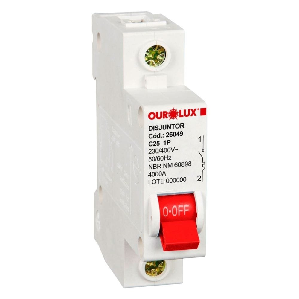 Disjuntor Ourolux DIN 1P 25A Curva C Branco Disjuntor Ourolux DIN 1P 25A Curva C Branco