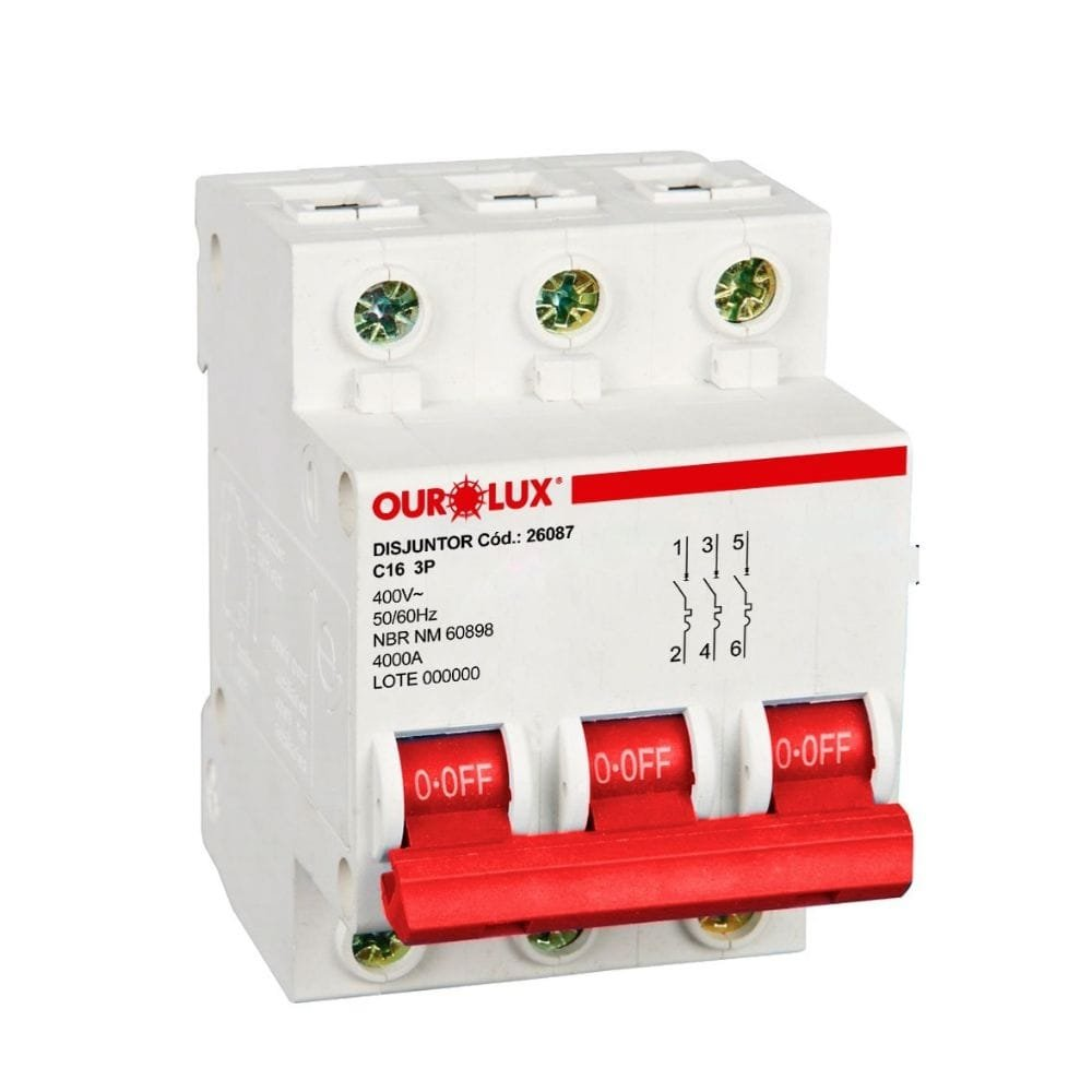 Disjuntor Ourolux DIN 3P 16A Curva C Branco Disjuntor Ourolux DIN 3P 16A Curva C Branco