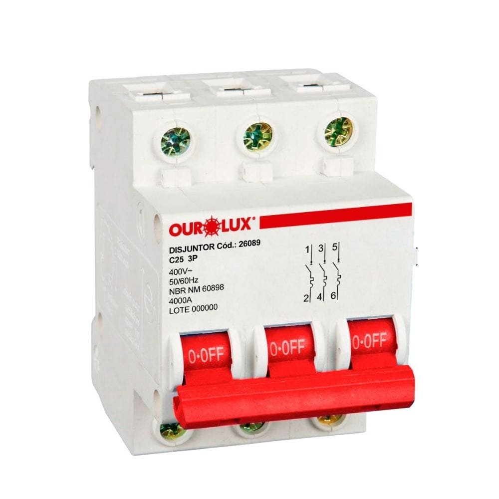 Disjuntor Ourolux DIN 3P 25A Curva C Branco Disjuntor Ourolux DIN 3P 25A Curva C Branco