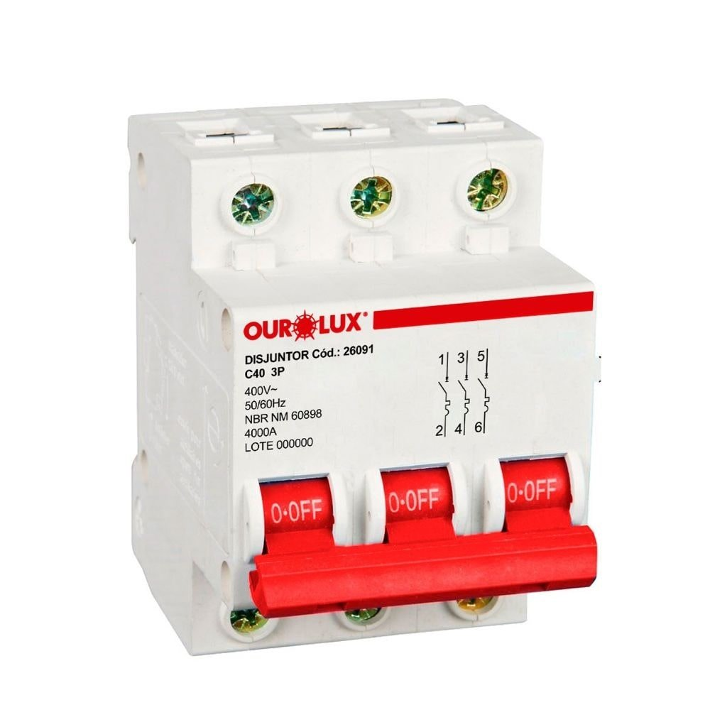 Disjuntor Ourolux DIN 3P 40A Curva C Branco Disjuntor Ourolux DIN 3P 40A Curva C Branco
