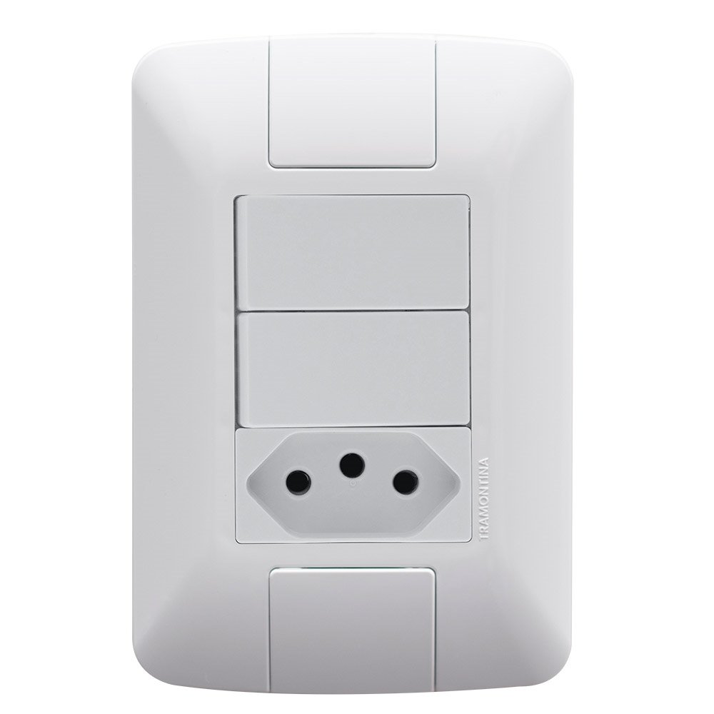 Interruptor Aria Tramontina 2 Teclas Simples+Tomada 2P+T 10A com Placa Branco Interruptor Aria Tramontina 2 Teclas Simples+Tomada 2P+T 10A com Placa Branco