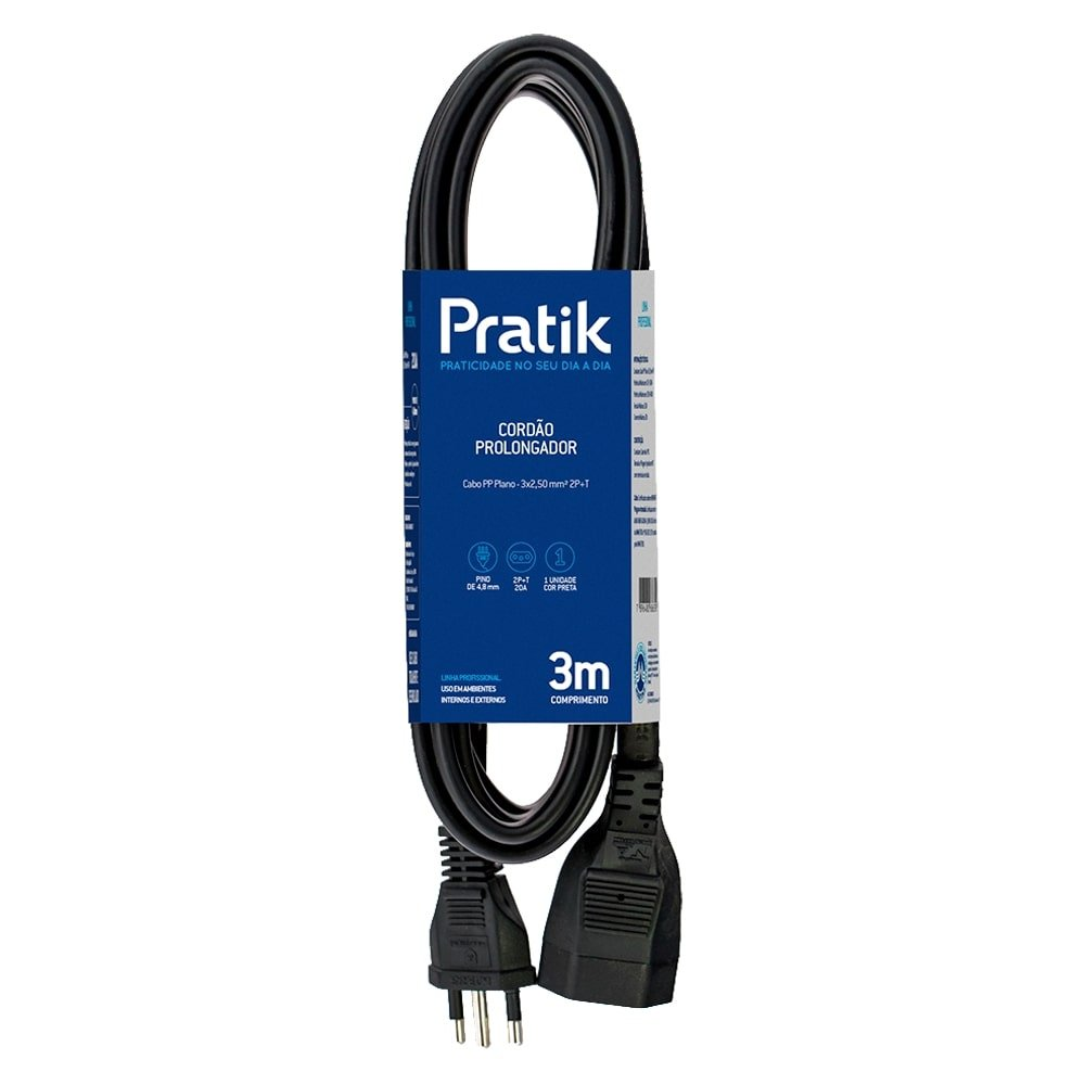Extensão Pratik Prolongador Cabo PP Plano 3 x 2,50 x 3,0m 20A/220V Preto Extensão Pratik Prolongador Cabo PP Plano 3 x 2,50 x 3,0m 20A/220V Preto