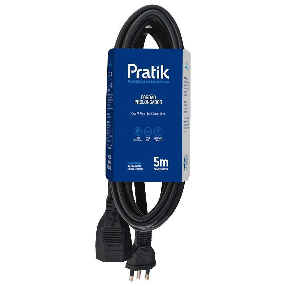 Extensão Pratik Prolongador Cabo PP Plano 3 x 2,50 x 5,0m 20A/220V Preto Extensão Pratik Prolongador Cabo PP Plano 3 x 2,50 x 5,0m 20A/220V Preto