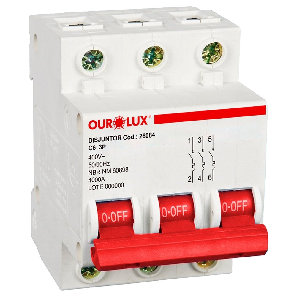 Disjuntor Ourolux Din 3P 6A Curva C Branco Disjuntor Ourolux Din 3P 6A Curva C Branco