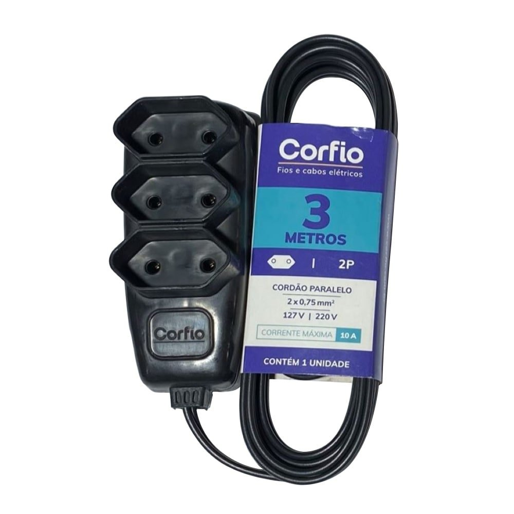 Extensão Corfihome Corfio 2P 10A preto 3 tomadas 3m Extensão Corfihome Corfio 2P 10A preto 3 tomadas 3m