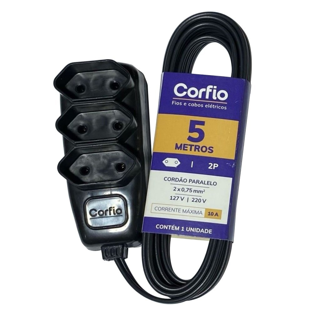 Extensão Corfihome Corfio 2P 10A preto 3 tomadas 5m Extensão Corfihome Corfio 2P 10A preto 3 tomadas 5m