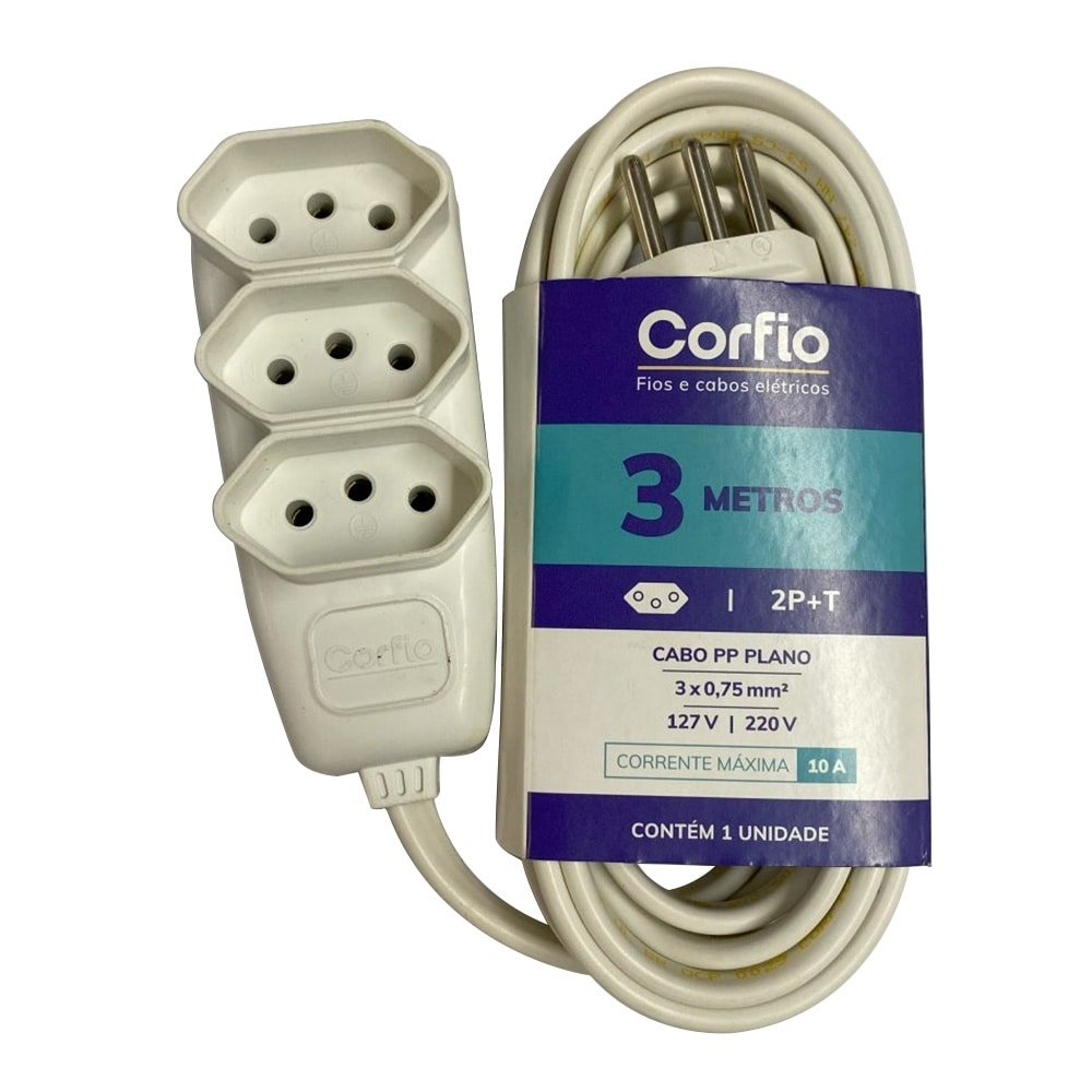 Extensão Corfihome Corfio 2P+T 10A Branco 3 Tomadas 3m Extensão Corfihome Corfio 2P+T 10A Branco 3 Tomadas 3m