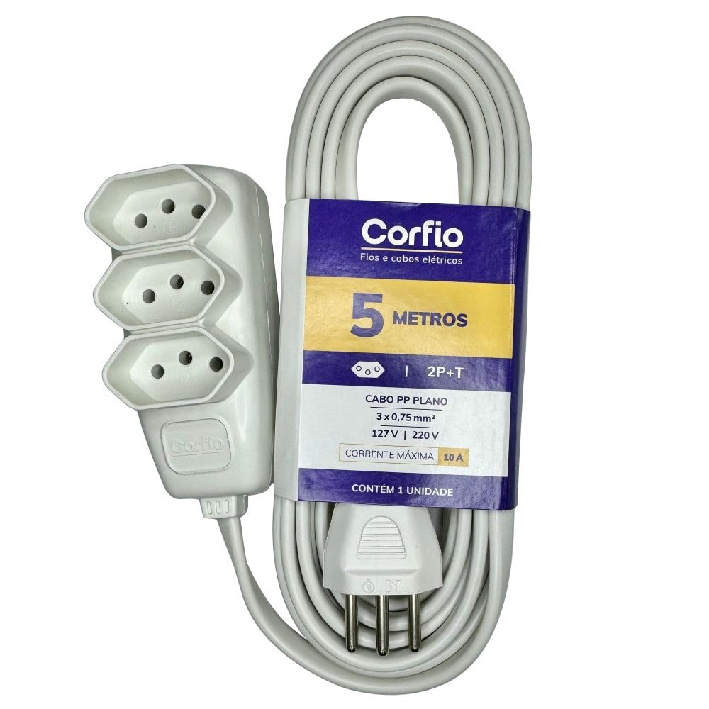 Extensão Corfihome Corfio 2P+T 10A Branco 3 Tomadas 5m Extensão Corfihome Corfio 2P+T 10A Branco 3 Tomadas 5m