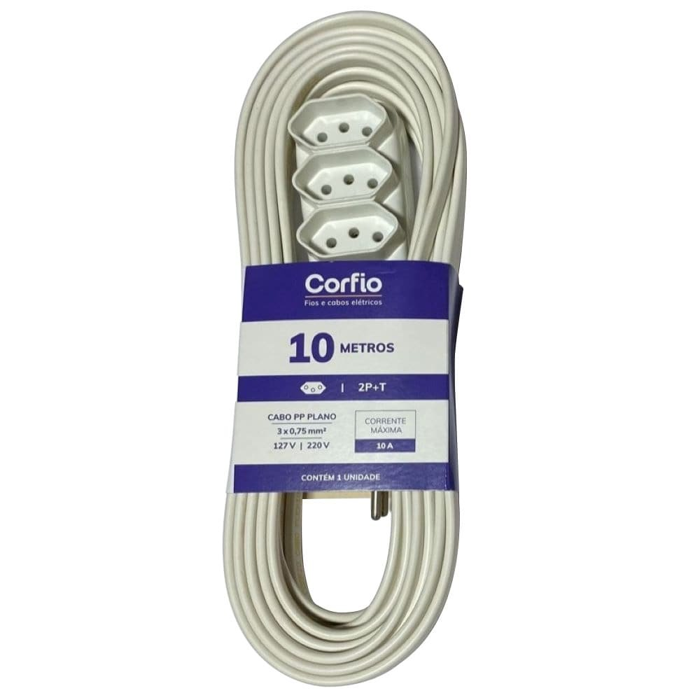 Extensão Corfihome Corfio 2P+T 10A Branco 3 Tomadas 10m Extensão Corfihome Corfio 2P+T 10A Branco 3 Tomadas 10m