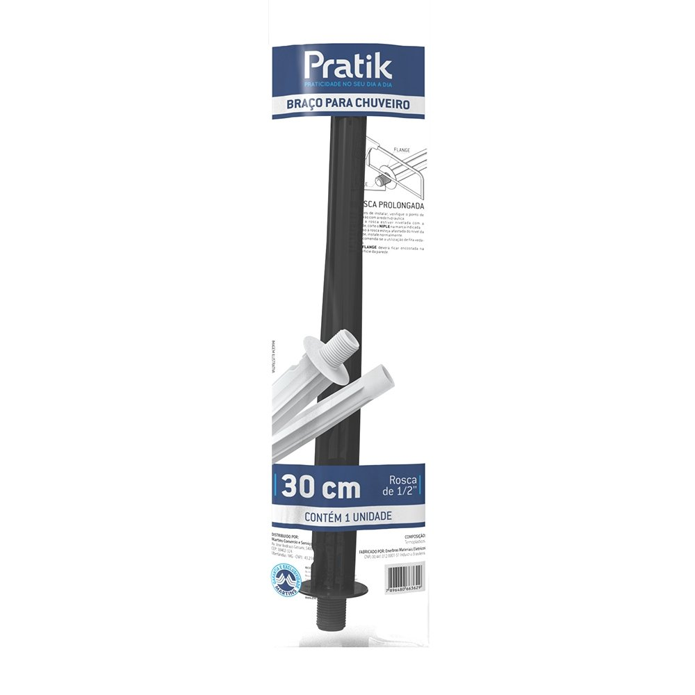 Braço de Chuveiro Pratik 30CM Preto 3008-E90P/Pk