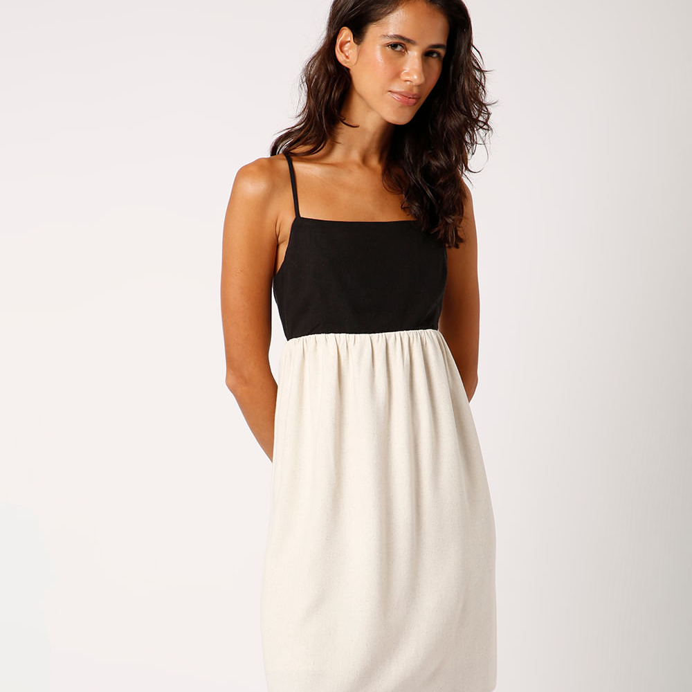 Vestido curto com linho bicolor mindset bege