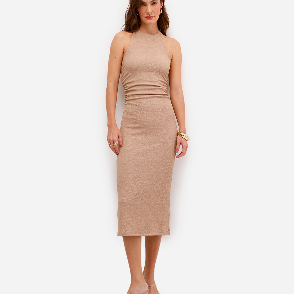 Vestido midi feminino halterneck texturizado bege Vestido midi feminino halterneck texturizado bege