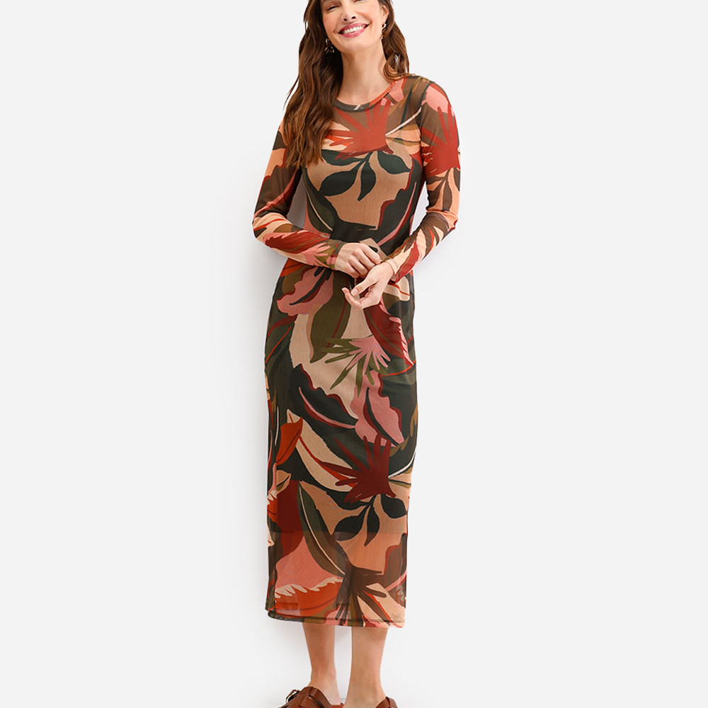 Vestido midi feminino de tule manga longa folhagem verde Vestido midi feminino de tule manga longa folhagem verde