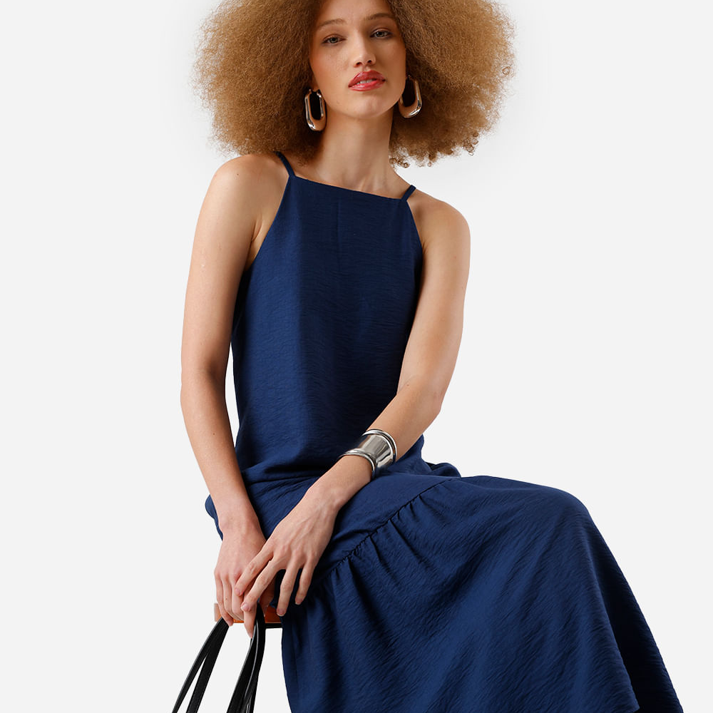 Vestido midi feminino de viscose com recorte texturizado azul Vestido midi feminino de viscose com recorte texturizado azul