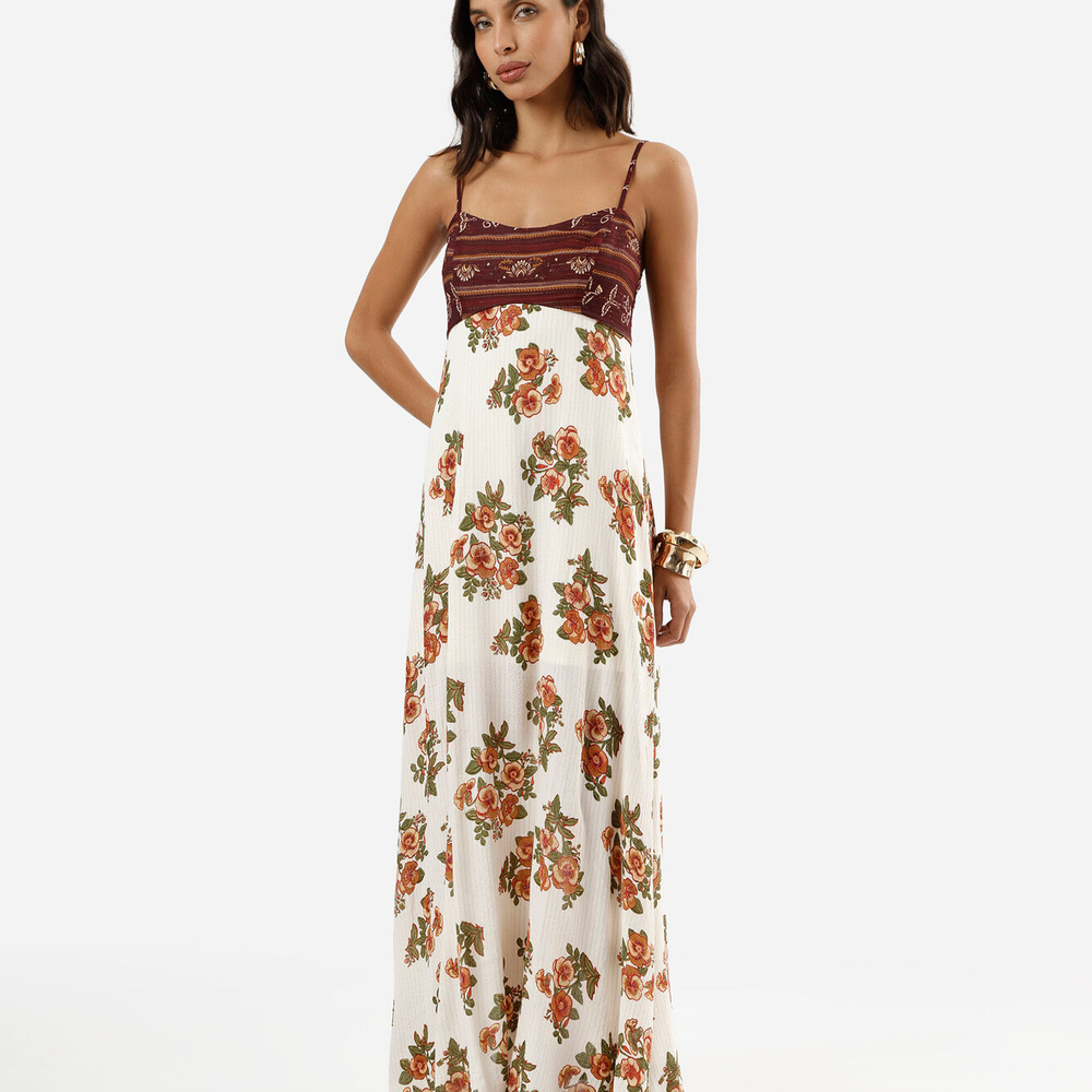 Vestido longo alça fina feminino de viscose com lurex floral bege Vestido longo alça fina feminino de viscose com lurex floral bege