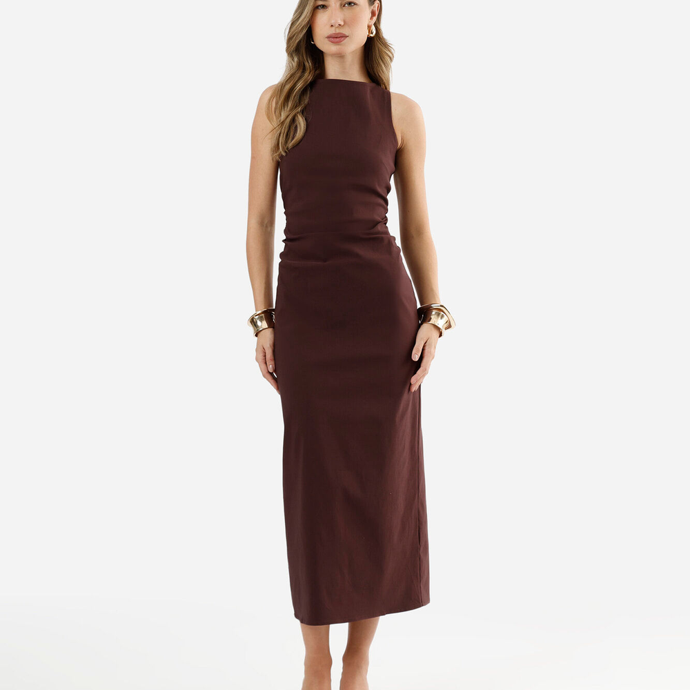 Vestido midi feminino decote canoa com fenda vinho Vestido midi feminino decote canoa com fenda vinho