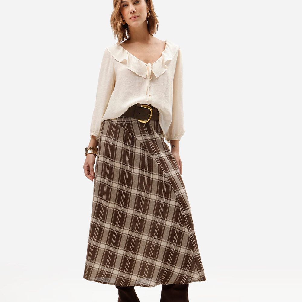 Saia longa feminina com algodão e recorte cós elástico xadrez marrom Saia longa feminina com algodão e recorte cós elástico xadrez marrom