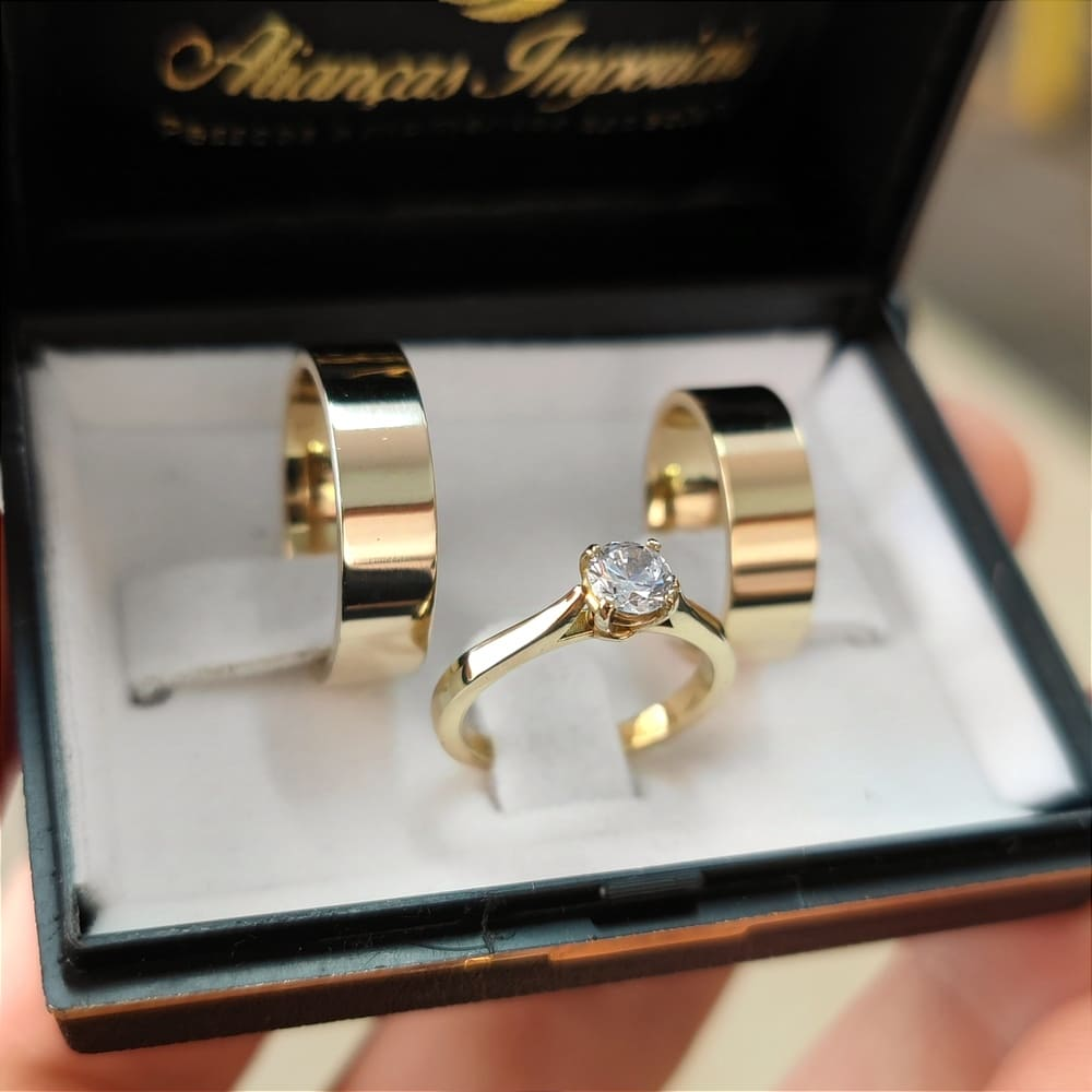 Par de Alianças 6mm Retas + Anel Condessa Par de Alianças 6mm Retas + Anel Condessa