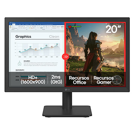 Monitor LG LED Home & Office 20U401A-B Tela 20 HD+, LG Switch, Modo leitura e Flicker Safe, HDMI, VGA, 2ms (GtG), 75Hz, Black Stabilizer, Dynamic Action Sync, Crosshair, saída fone de ouvido - 20U401A-B