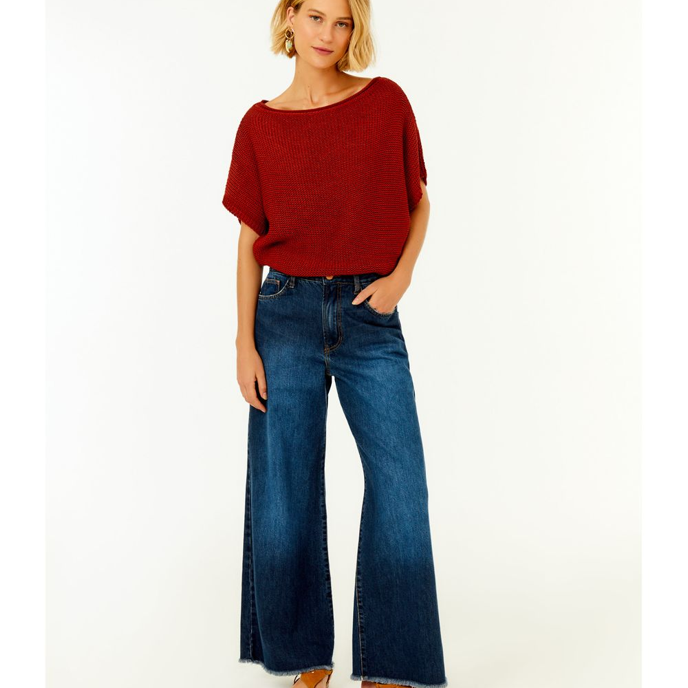 Calça Jeans Dark Wide Barra Desfiada