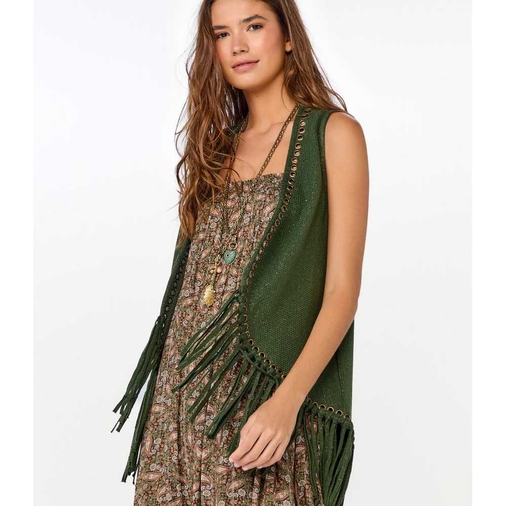Colete Tricot Ilhos e Franjas Colete Tricot Ilhos e Franjas