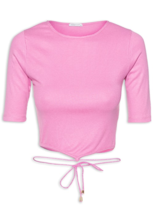 Blusa Cropped Manga Curta Malha Canelada Galão Cintura - Rosa Blusa Cropped Manga Curta Malha Canelada Galão Cintura - Rosa