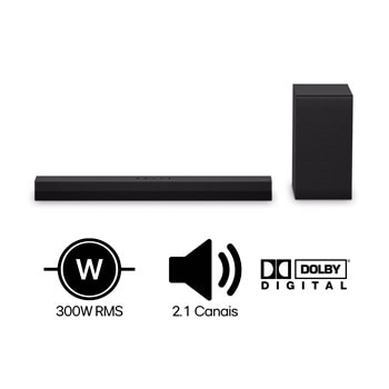 Soundbar LG S40T - 300W RMS, 2.1 Canais, Dolby Digital, Sem fios, Bluetooth 5.3, Entrada Óptica, HDMI, AI Sound Pro - S40T Soundbar LG S40T - 300W RMS, 2.1 Canais, Dolby Digital, Sem fios, Bluetooth 5.3, Entrada Óptica, HDMI, AI Sound Pro - S40T