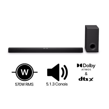 Soundbar LG S90TY 570W RMS, Dolby Atmos, 5.1.3 Canais, DTS:X, AI Room Calibration Pro, AI Sound Pro, Sem fios, WOW Orchestra, Conexões Múltiplas - S90TY Soundbar LG S90TY 570W RMS, Dolby Atmos, 5.1.3 Canais, DTS:X, AI Room Calibration Pro, AI Sound Pro, Sem fios, WOW Orchestra, Conexões Múltiplas - S90TY