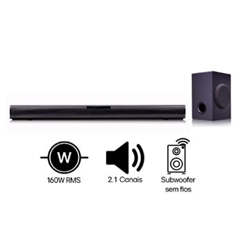 SoundBar LG SQC1 160W RMS, Conexão Bluetooth, 2.1 Canais, Auto Sound Engine (ASE), Adaptive Sound Control (ASC), Sem fios, Conexões Múltiplas - SQC1
