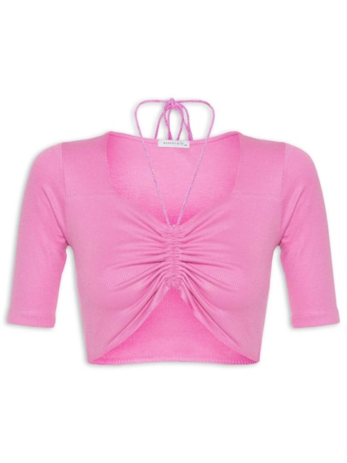 Blusa Manga Curta Malha Canelada Neckline - Rosa Blusa Manga Curta Malha Canelada Neckline - Rosa