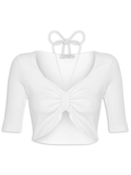 Blusa Manga Curta Malha Canelada Neckline - Off White