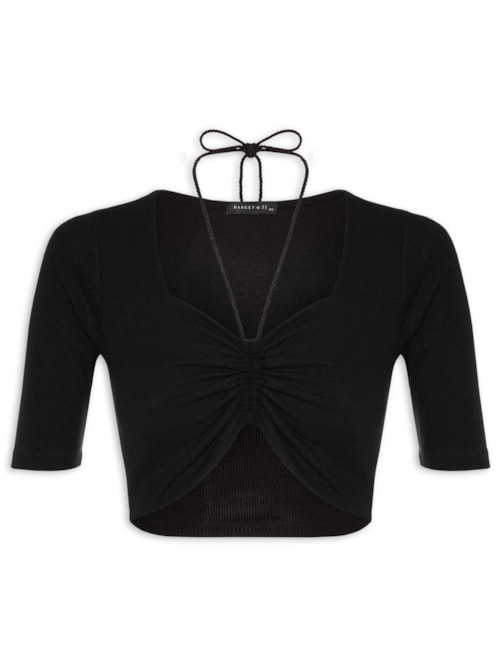 Blusa Manga Curta Malha Canelada Neckline - Preto Blusa Manga Curta Malha Canelada Neckline - Preto