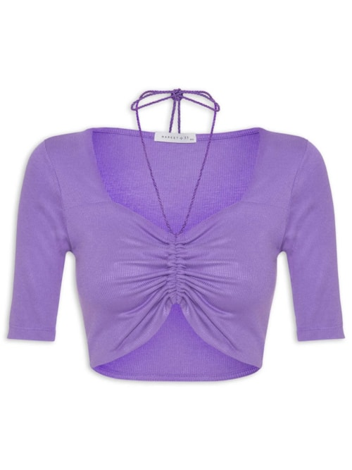 Blusa Manga Curta Malha Canelada Neckline - Lilás Blusa Manga Curta Malha Canelada Neckline - Lilás